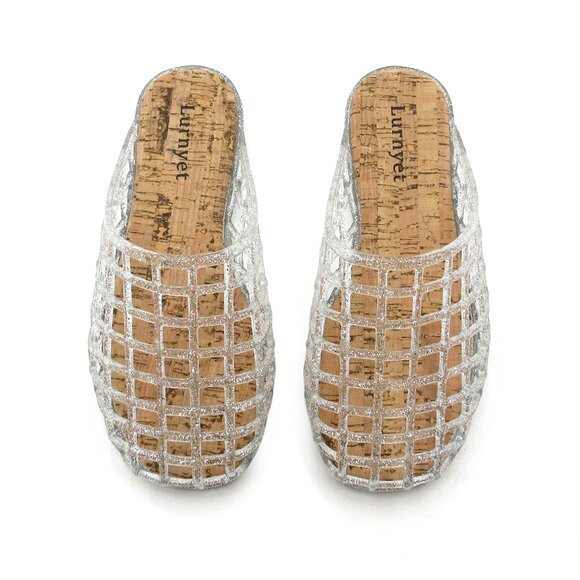 Lurnyet Womens Silver Jelly Comfort Cushion Slide Flat Sandal with Cork Footbed - Picture 3 of 7